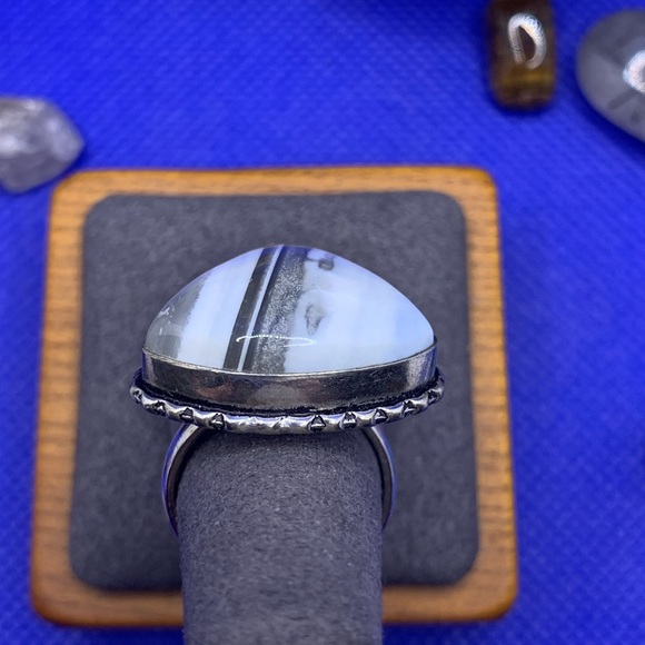 Comfort Curl Natural Blue Opal Adjustable Ring! .925 Sterling Silver Overlay - Picture 6 of 17